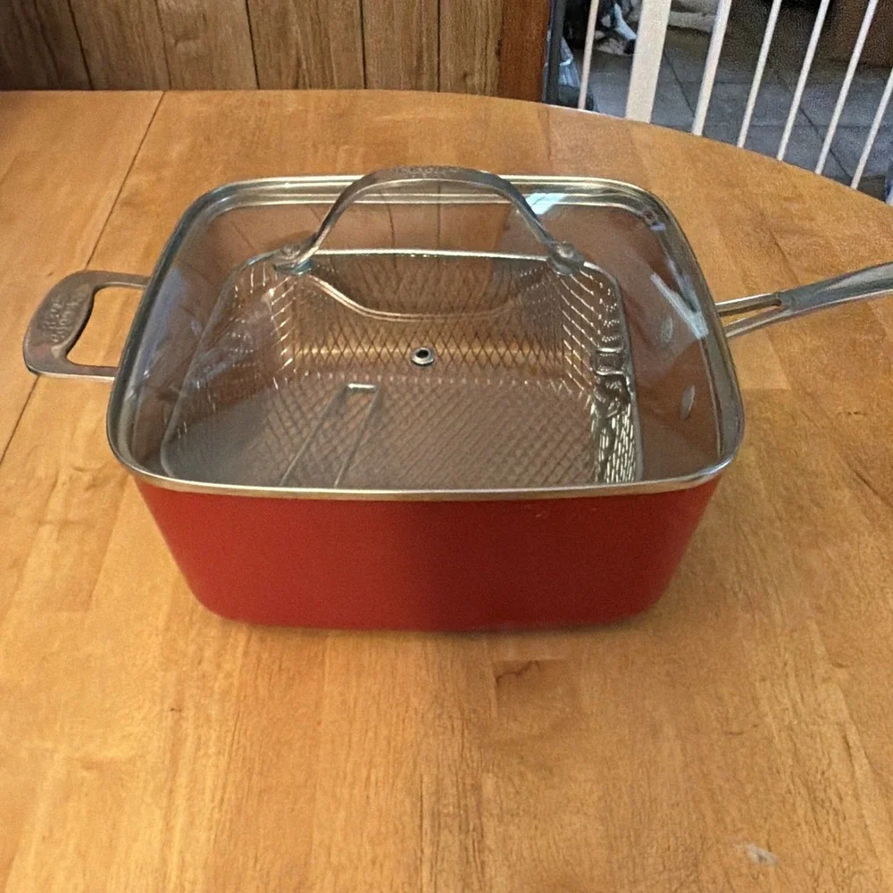 Red Copper Square Non-Stick Frying Pan Set w/ Lid & Fryer Basket, 3pc